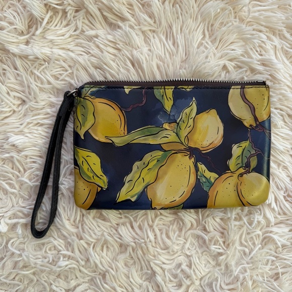 Patricia Nash lemon print leather wristlet with zip 5”x8” clutch blue yellow - Picture 1 of 9